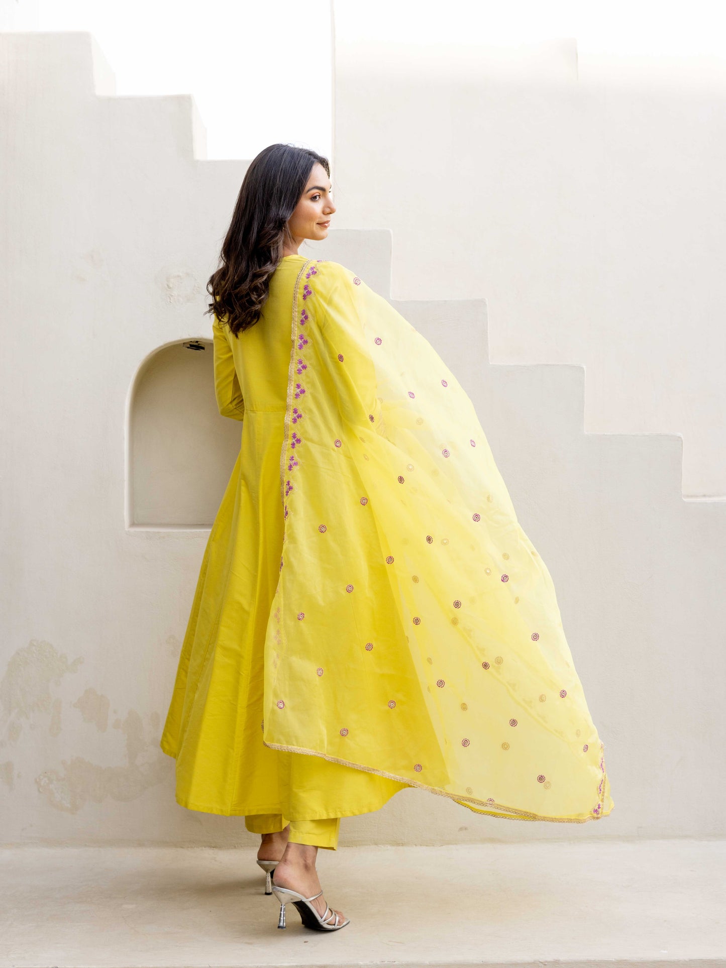 Lemon Yellow Anarkali Set with Pant & Dupatta
