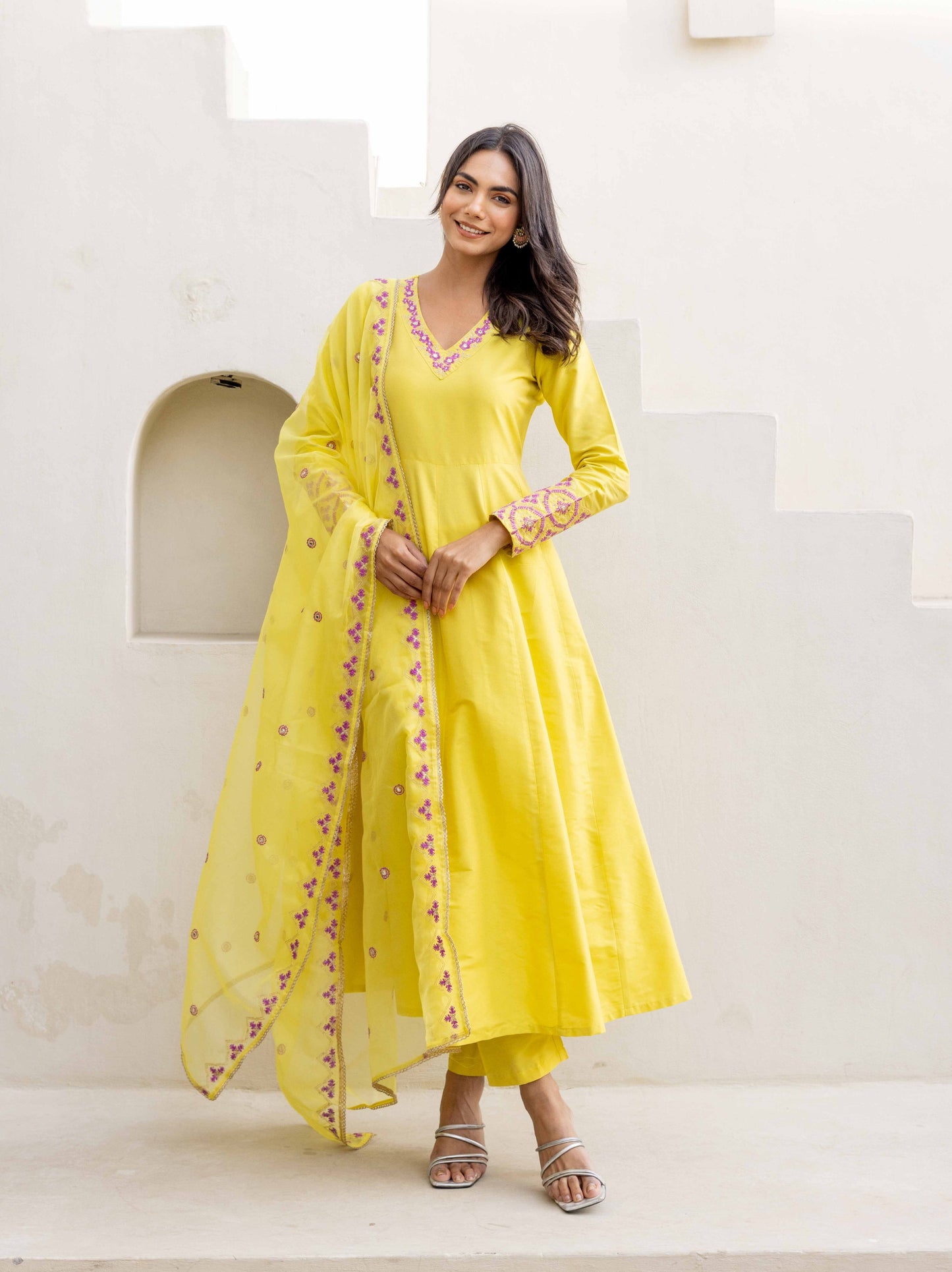 Lemon Yellow Anarkali Set with Pant & Dupatta