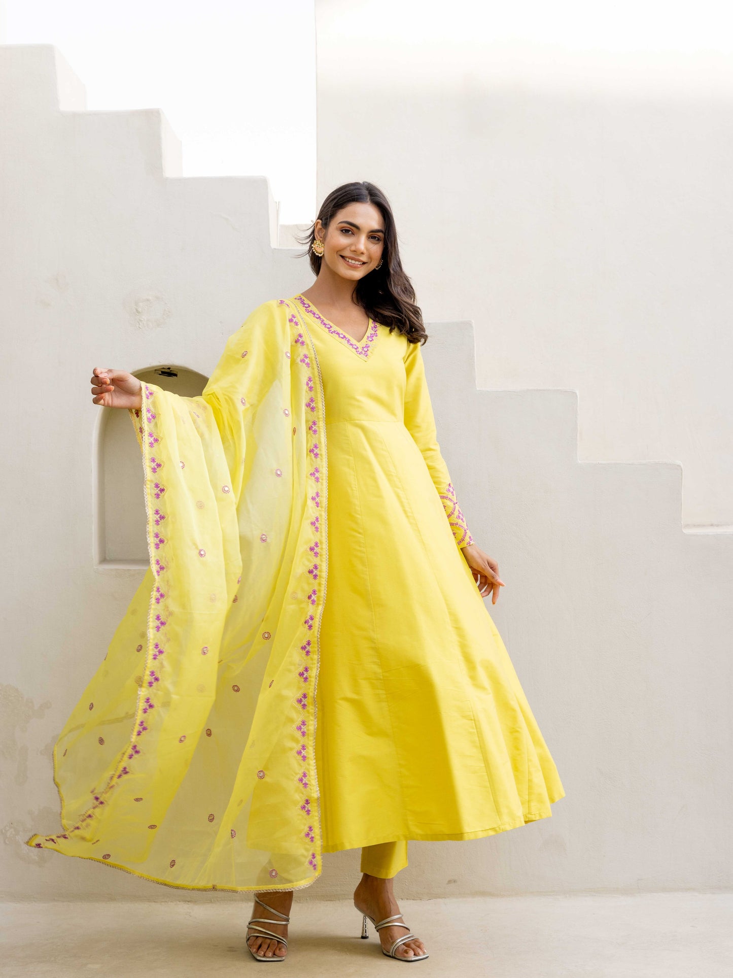 Lemon Yellow Anarkali Set with Pant & Dupatta