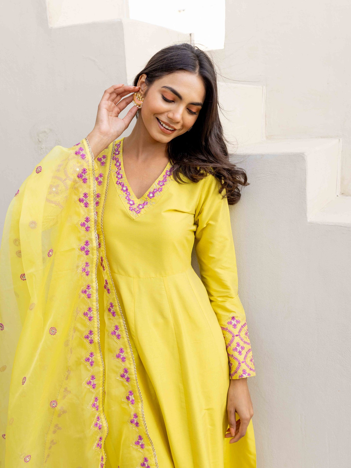 Lemon Yellow Anarkali Set with Pant & Dupatta