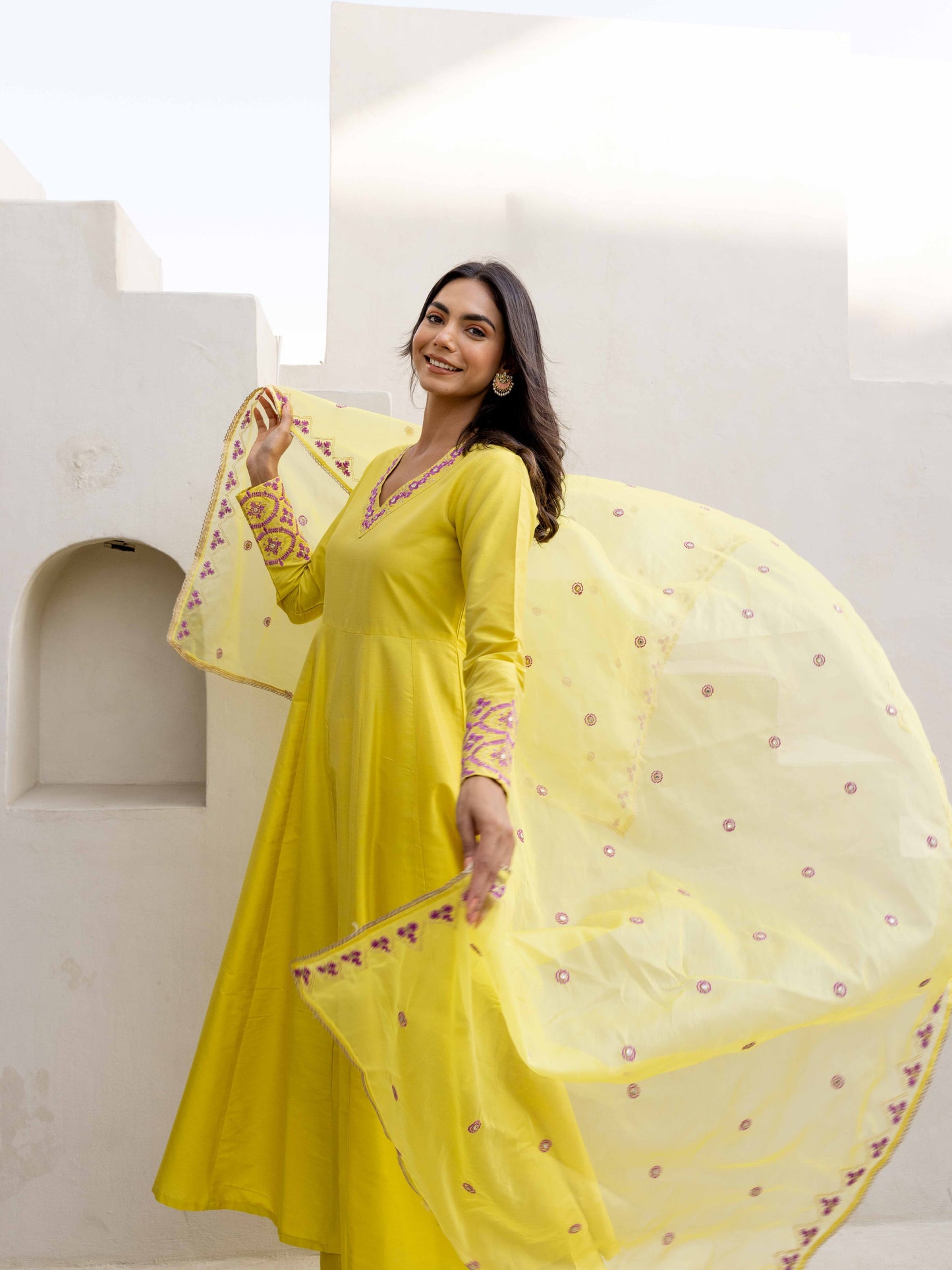 Lemon Yellow Anarkali Set with Pant & Dupatta
