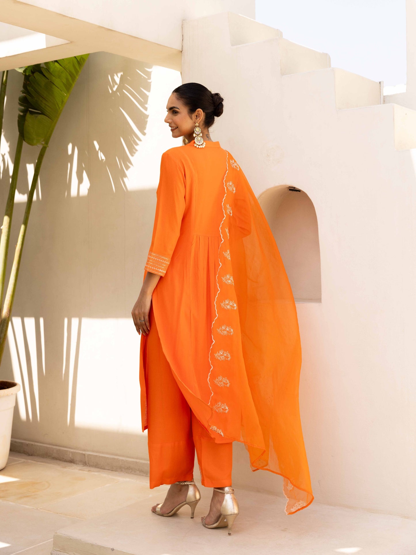 Orange Aangan Striped Embroiderd Kurta set with Pant & Dupatta