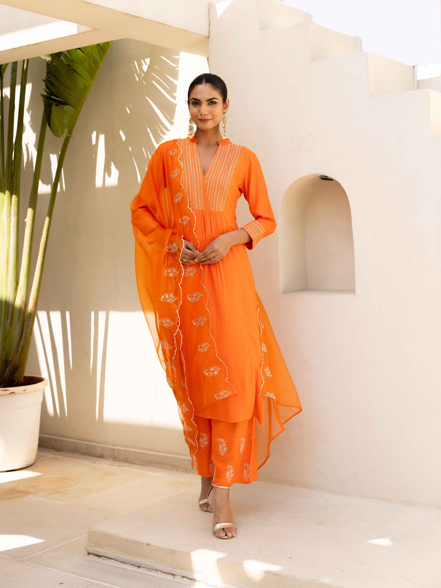 Orange Aangan Striped Embroiderd Kurta set with Pant & Dupatta