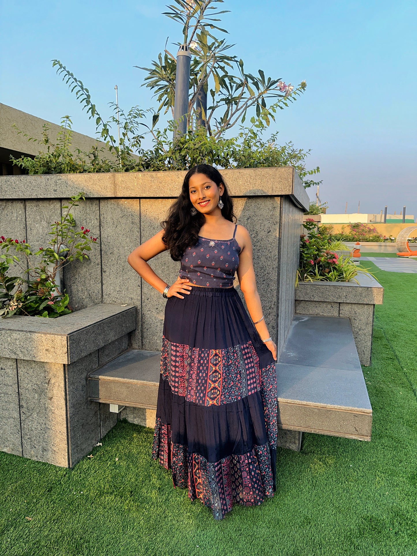 Deep blue skirt set with top and shrug (set of 3)