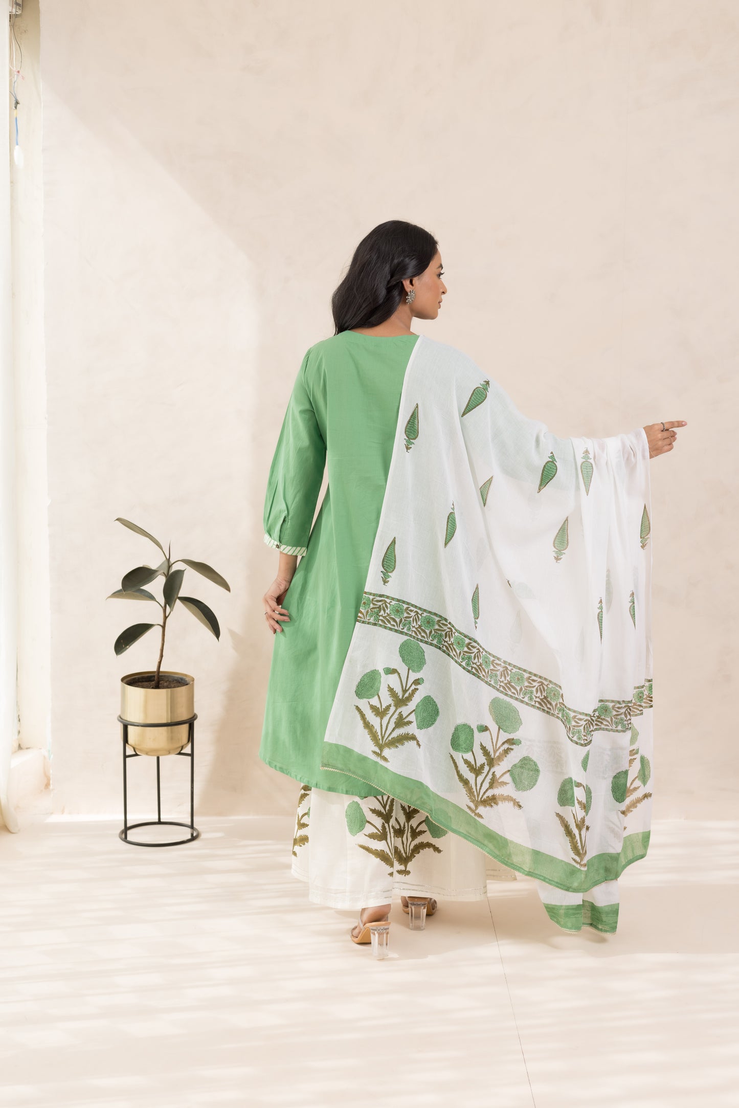 Aam Panna Kurta Set with Hand Block Printed Dupatta & Palazzo