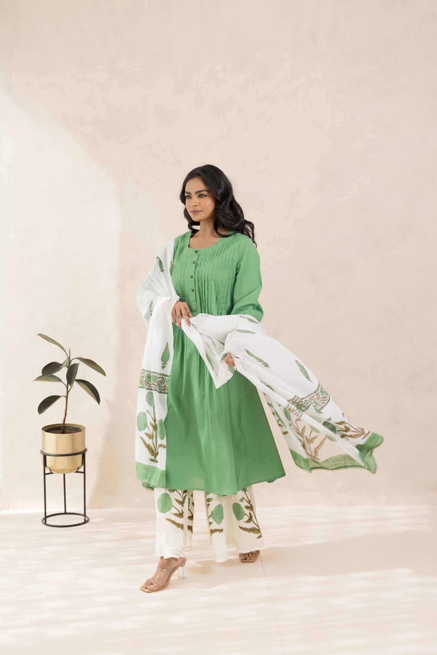 Aam Panna Kurta Set with Hand Block Printed Dupatta & Palazzo