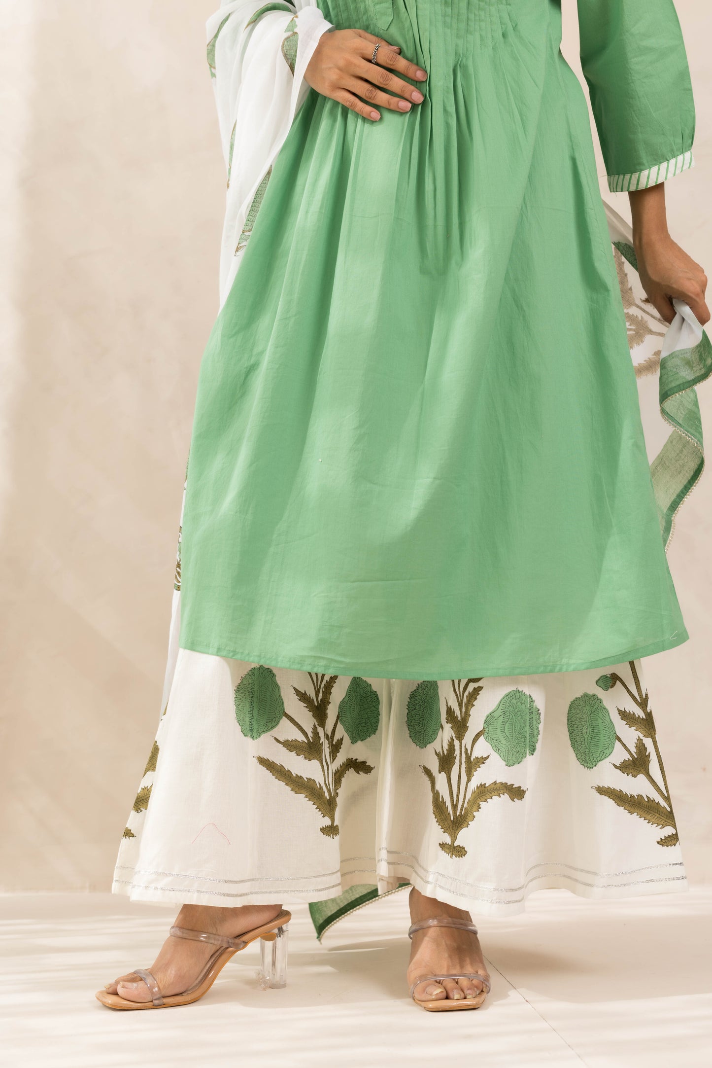 Aam Panna Kurta Set with Hand Block Printed Dupatta & Palazzo
