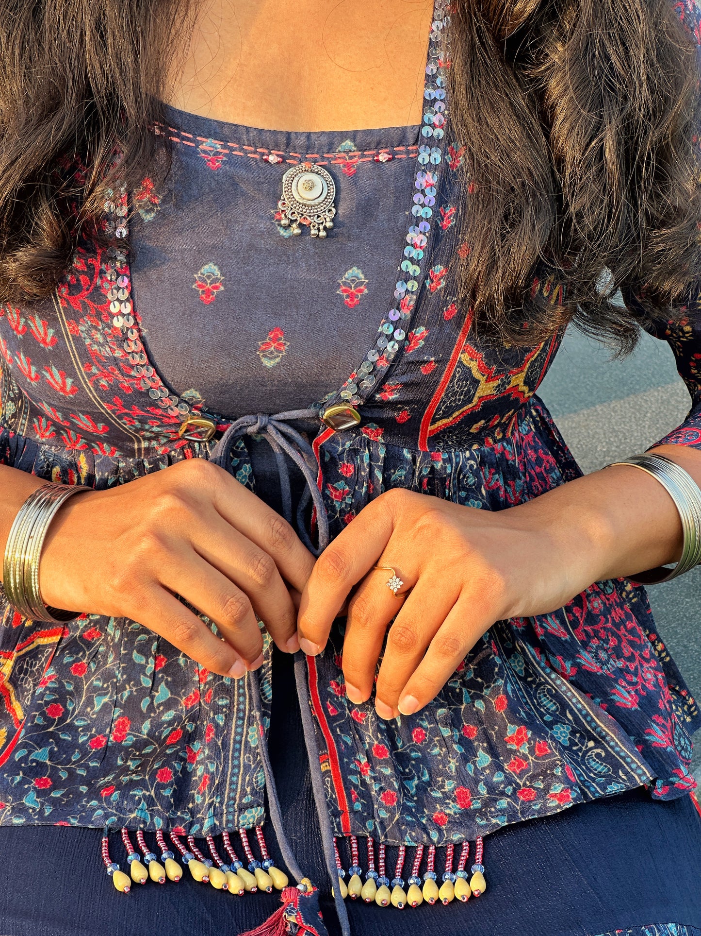 Deep blue skirt set with top and shrug (set of 3)
