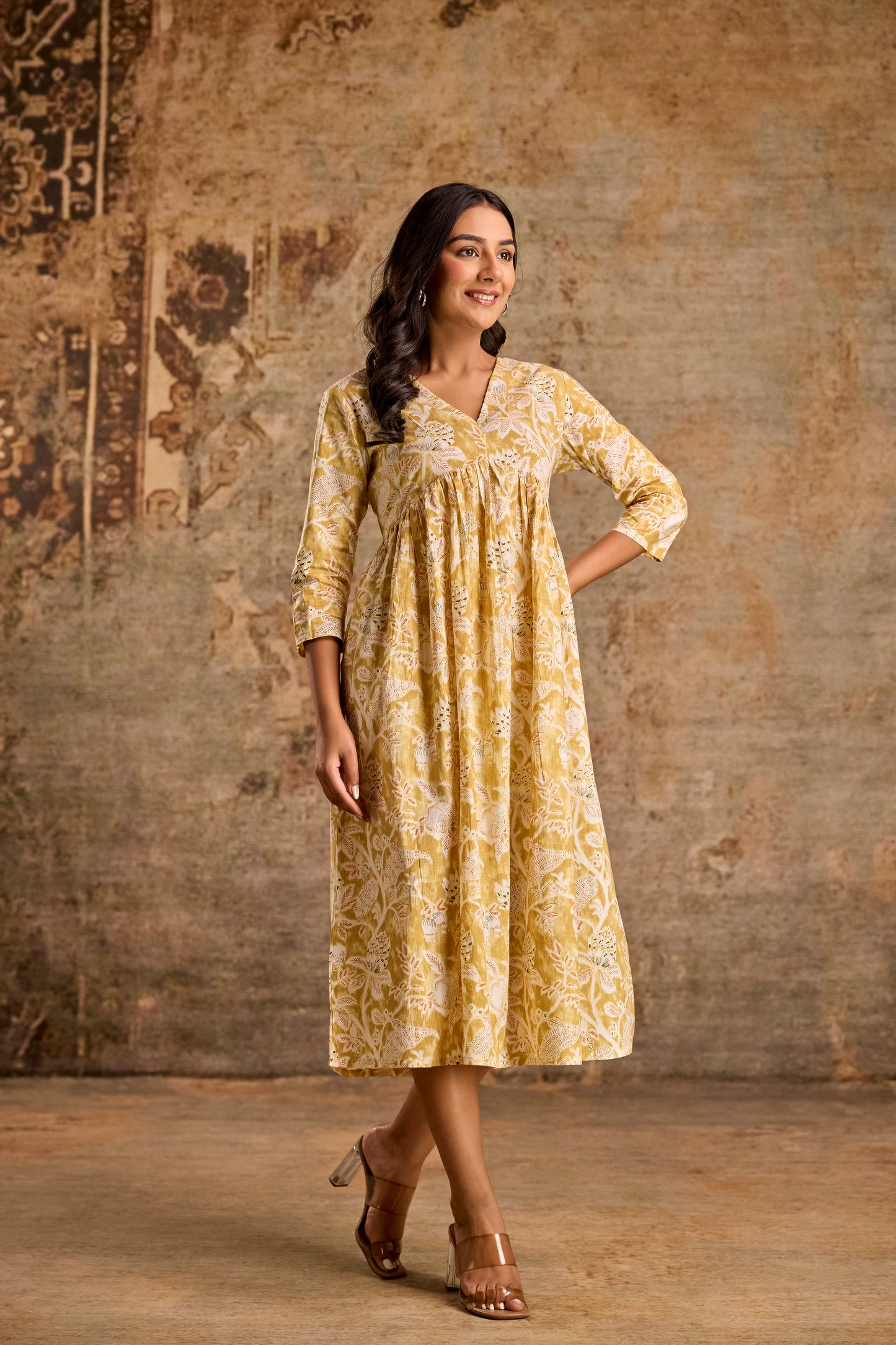 Mustard Yellow Floral Print Anarkali Kurta