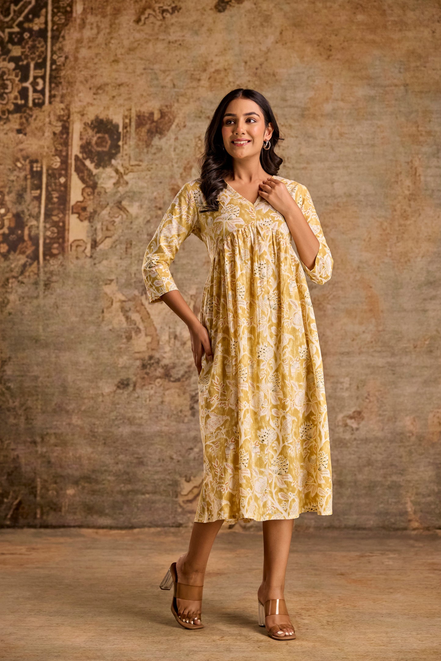Mustard Yellow Floral Print Anarkali Kurta