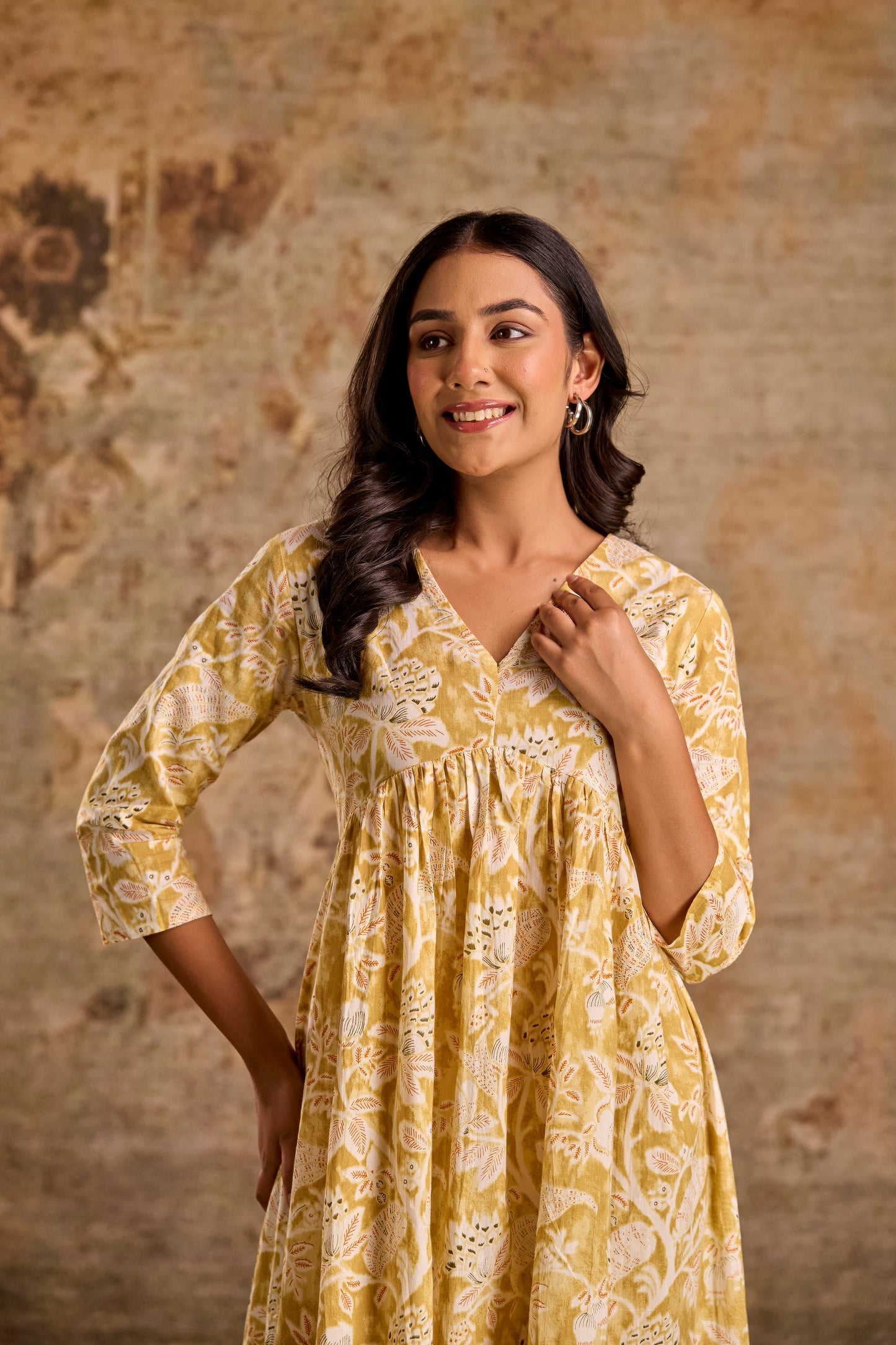 Mustard Yellow Floral Print Anarkali Kurta