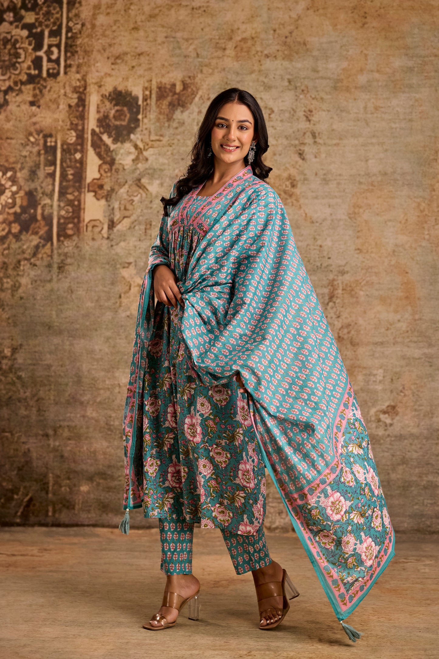 Icy Teal Cotton Kurta Set with Pant & Dupatta.