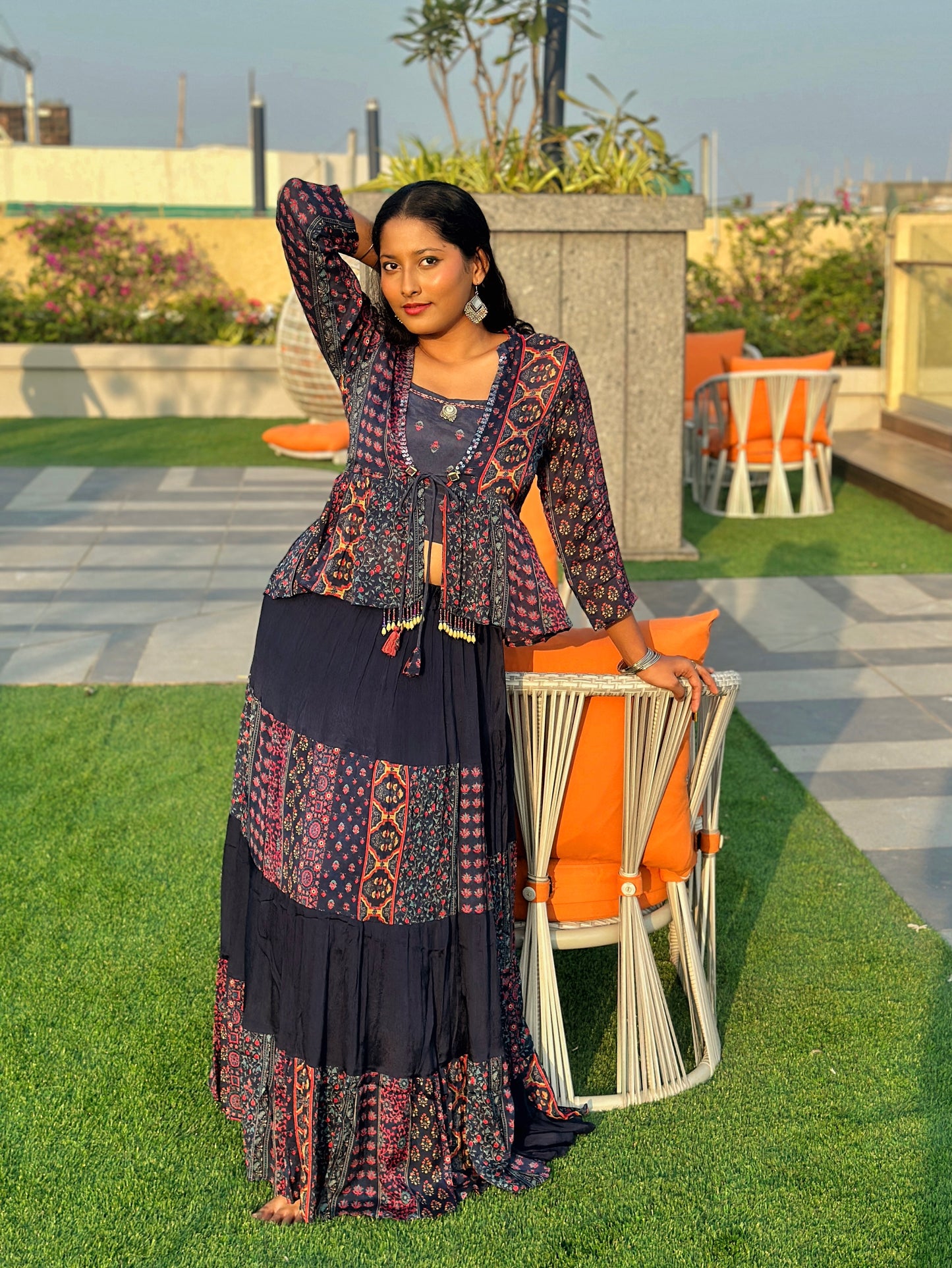 Deep blue skirt set with top and shrug (set of 3)
