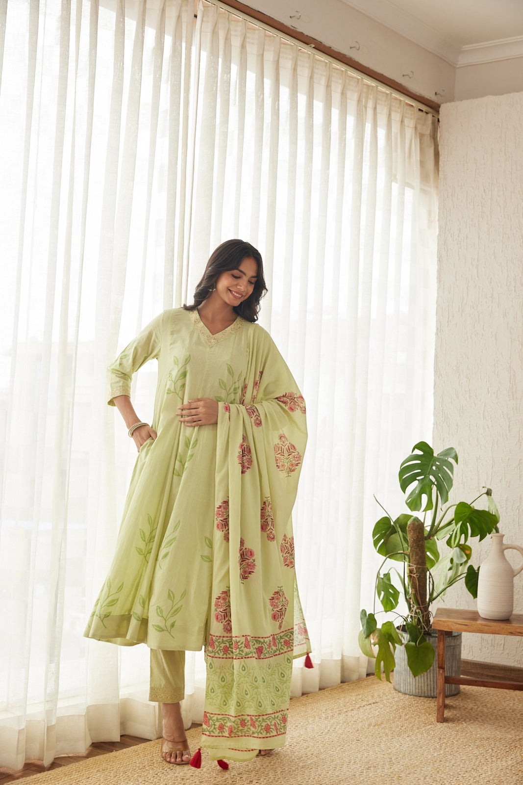 Pistachio Green Anarkali Set with Pant & Dupatta