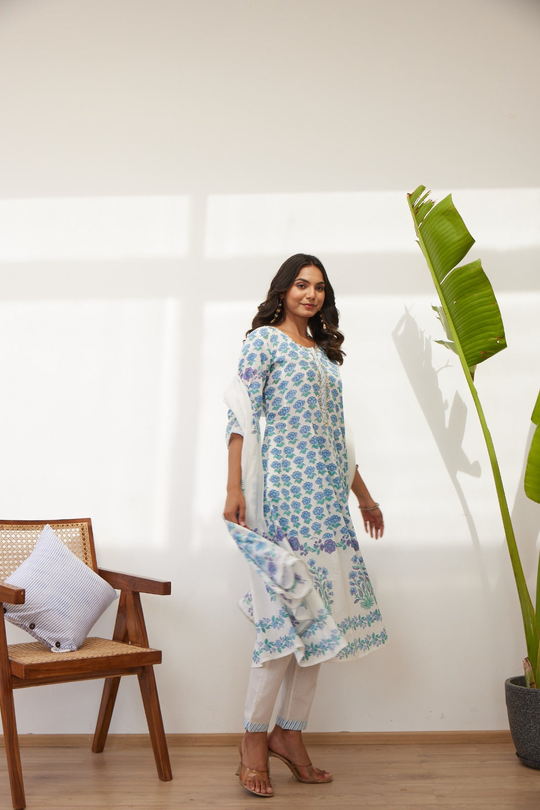 Blue Block Printed Anarkali Set with Pant & Dupatta.