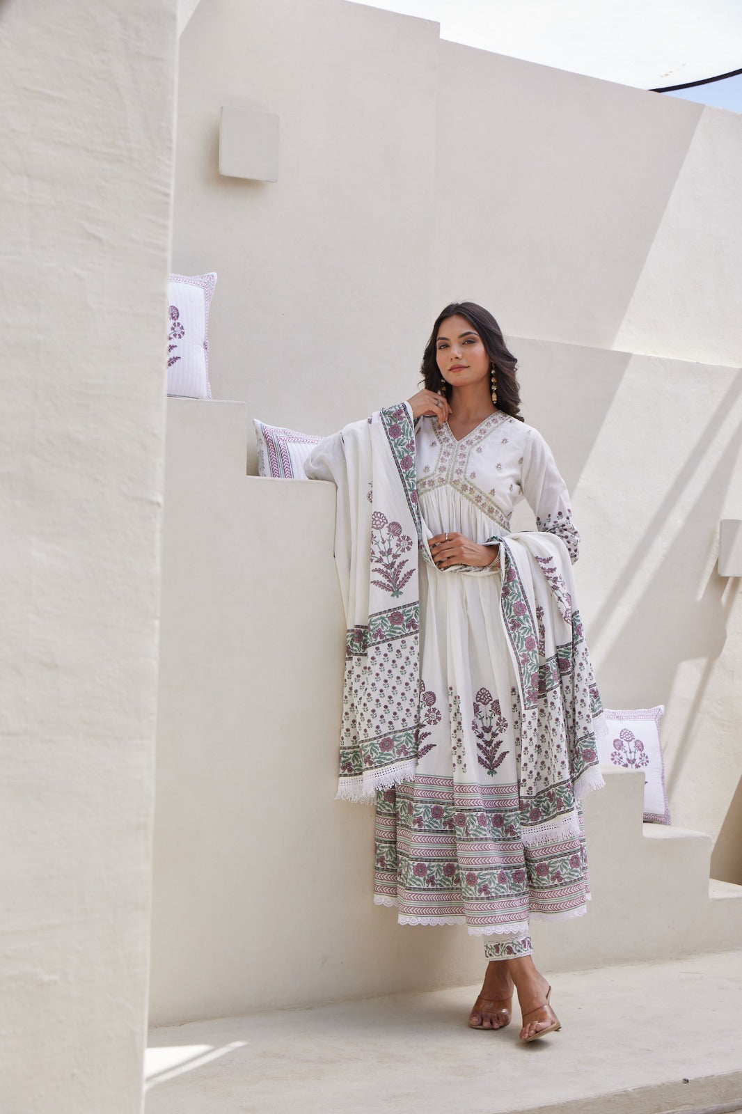 White Hand Block Printed Anarkali Set