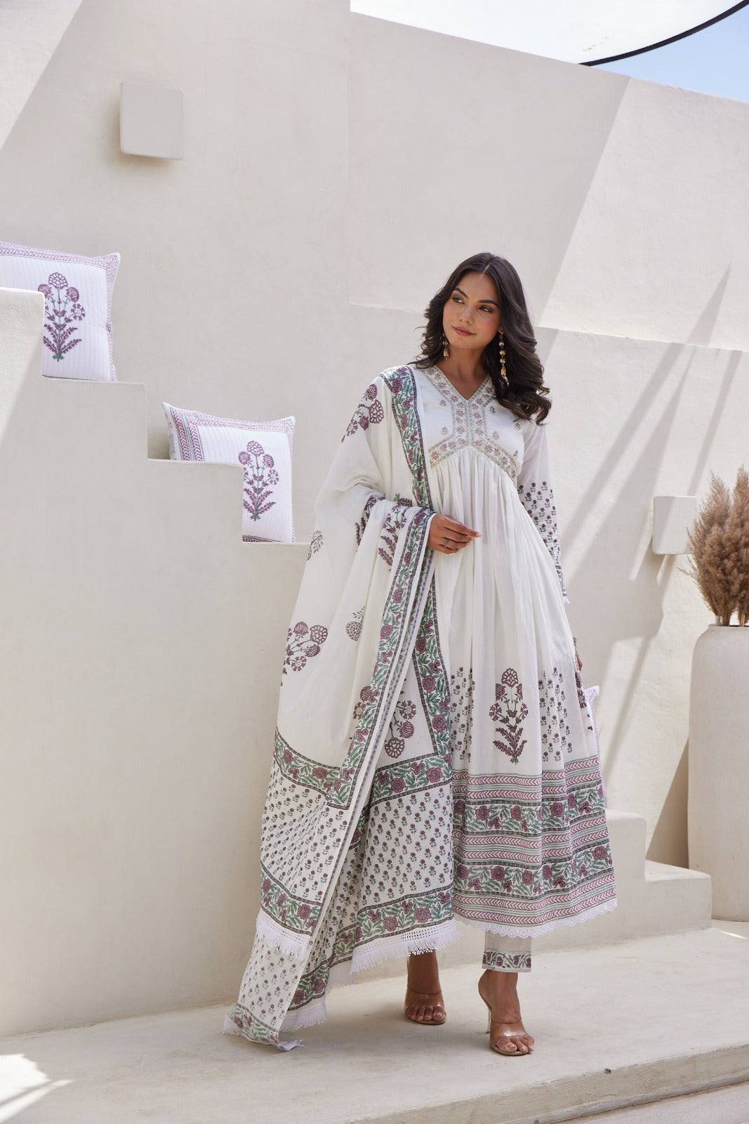 White Hand Block Printed Anarkali Set