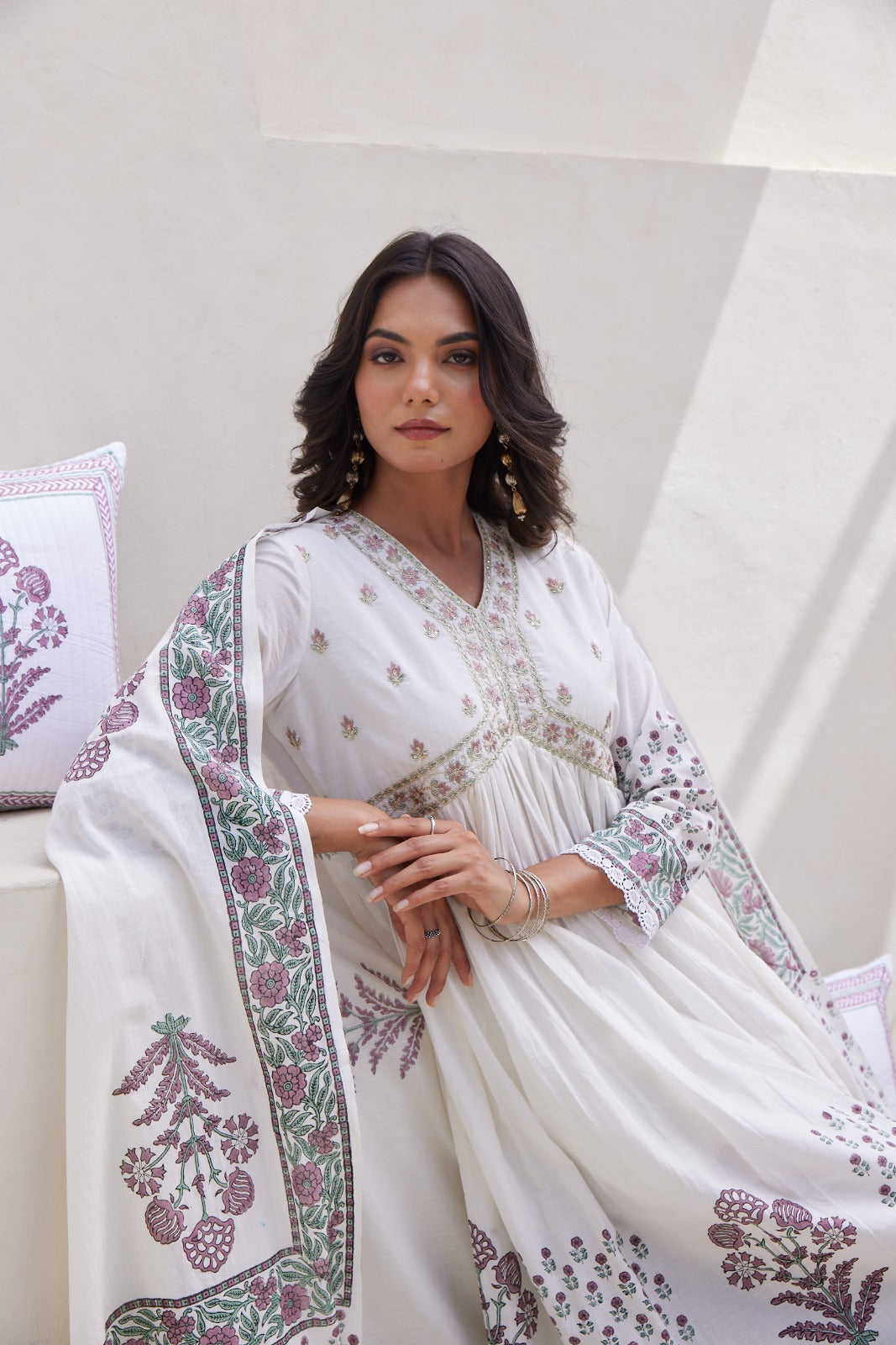 White Hand Block Printed Anarkali Set
