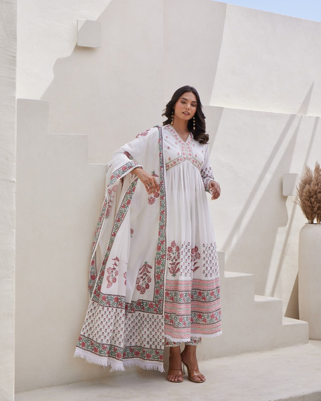 White & Pink Hand Block Printed Anarkali Set