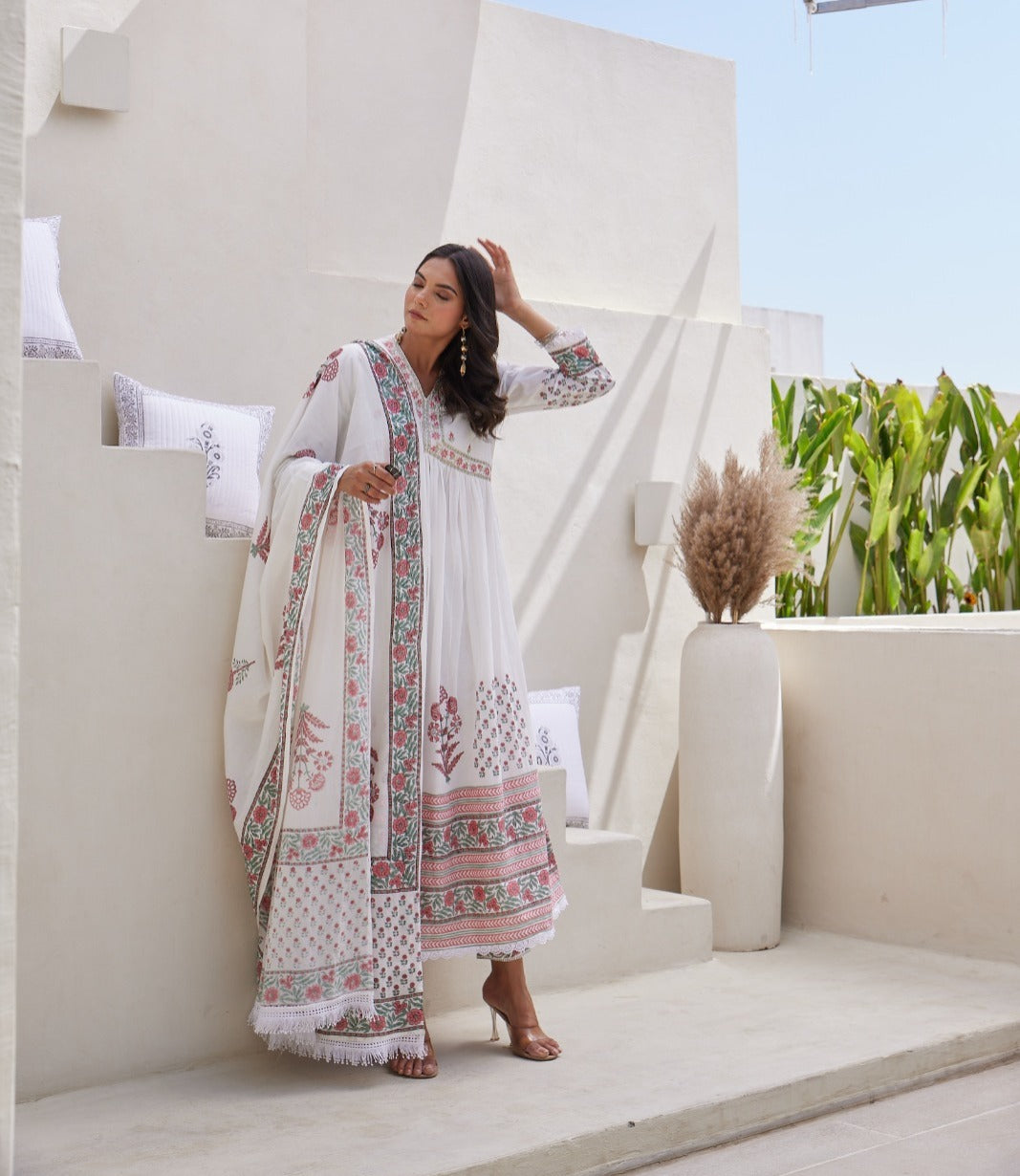 White & Pink Hand Block Printed Anarkali Set