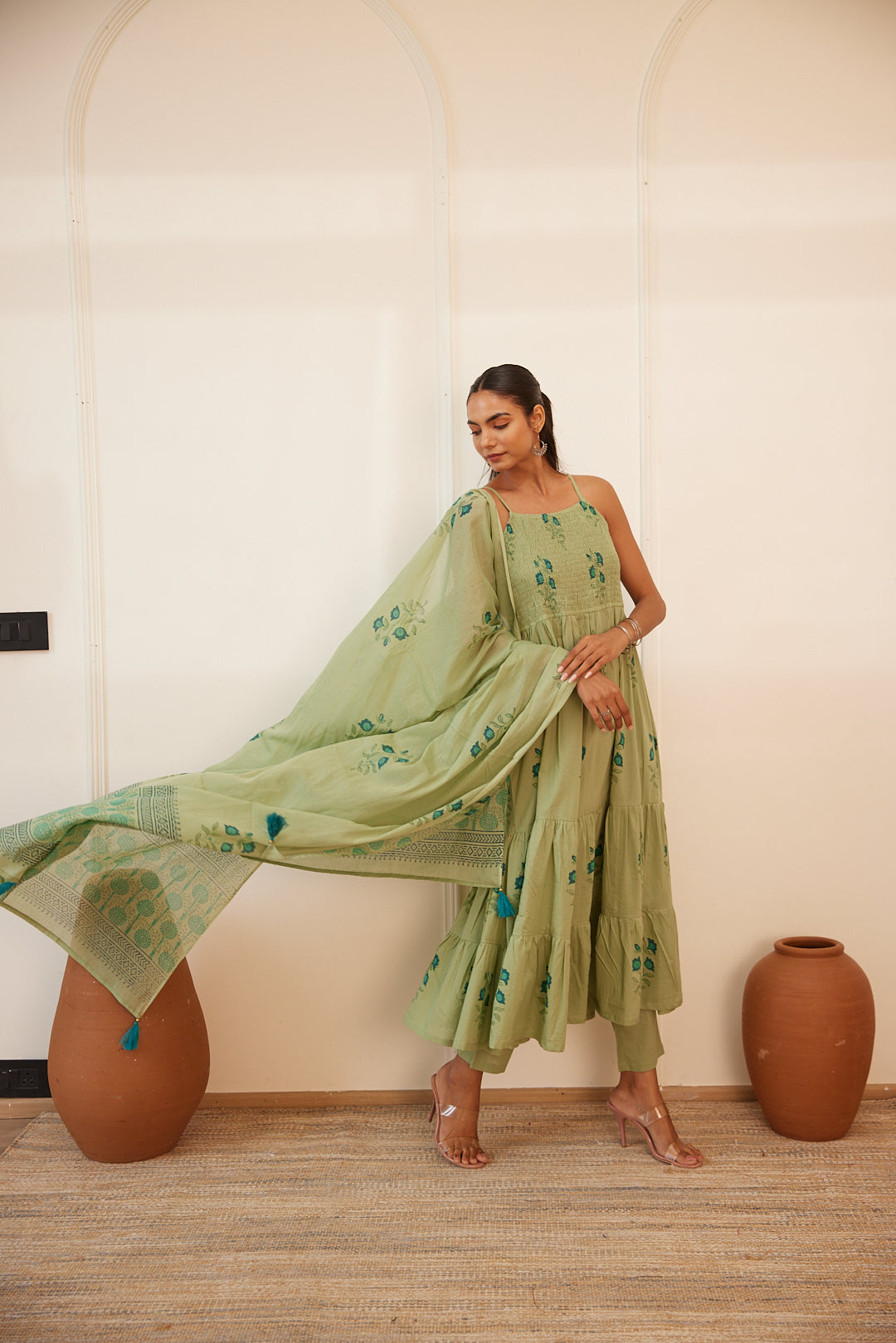 Pista Gul Handblock Printed Dress with Pajama & Dupatta