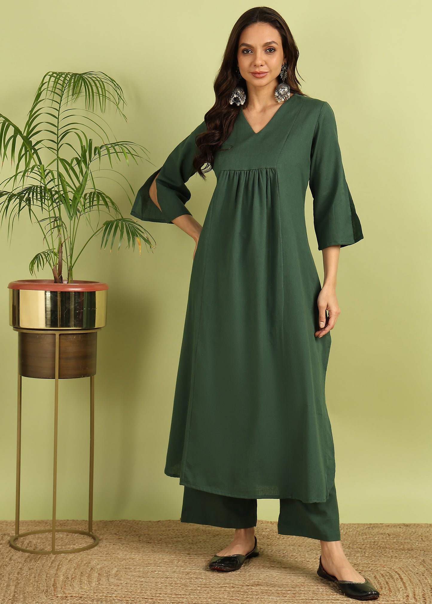 Olive Green Solid Kurta with Palazzo
