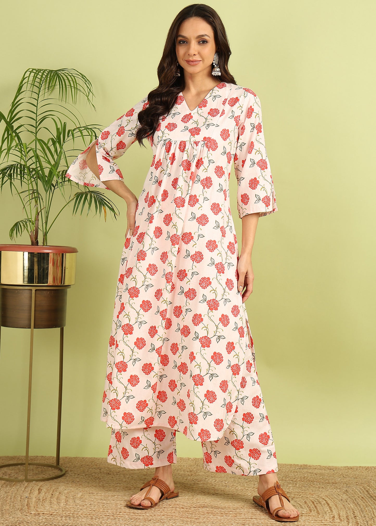 White and Pink Floral Kurta with Palazzo