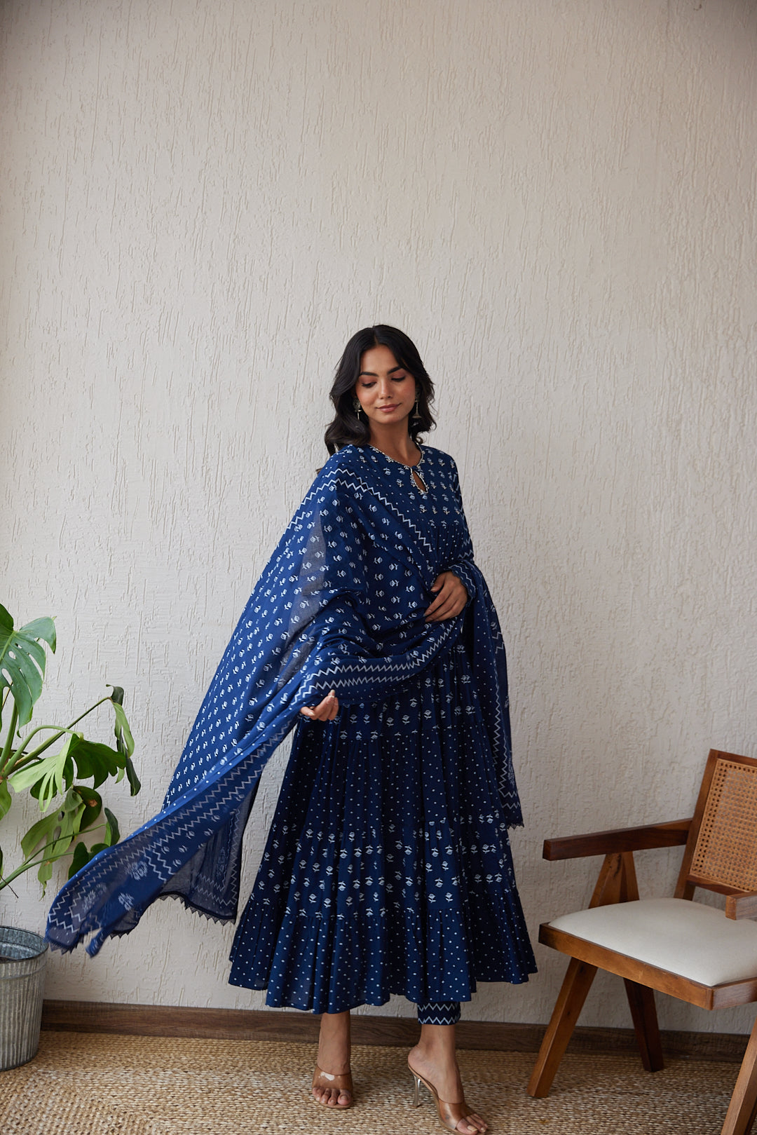 Indigo Khadi print Anarkali Set with Pant & Dupatta