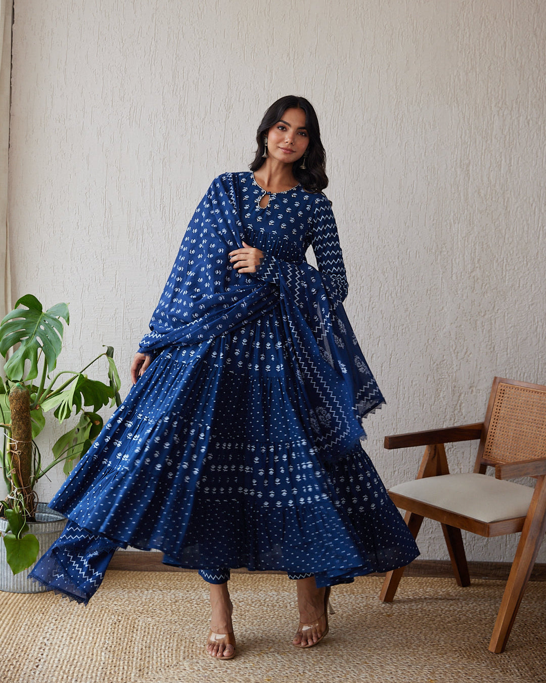 Indigo Khadi print Anarkali Set with Pant & Dupatta