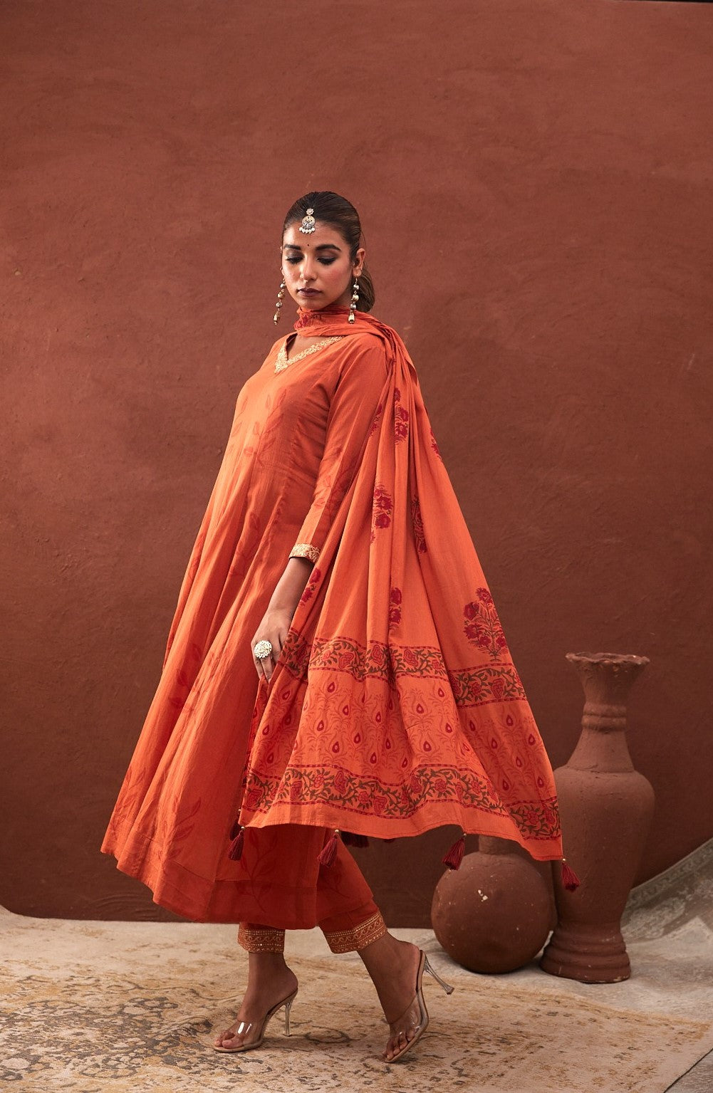 Kesariya phool Anarkali Set with Pant & Dupatta (Comes with inner)