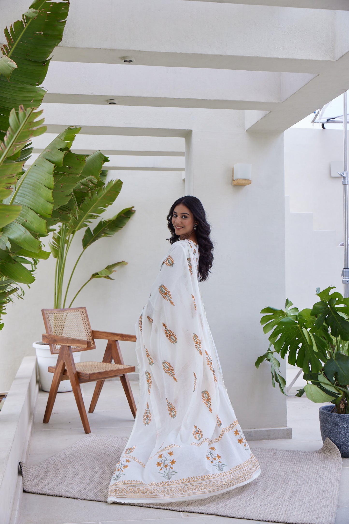 White & Orange Hand Block Printed Anarkali Set