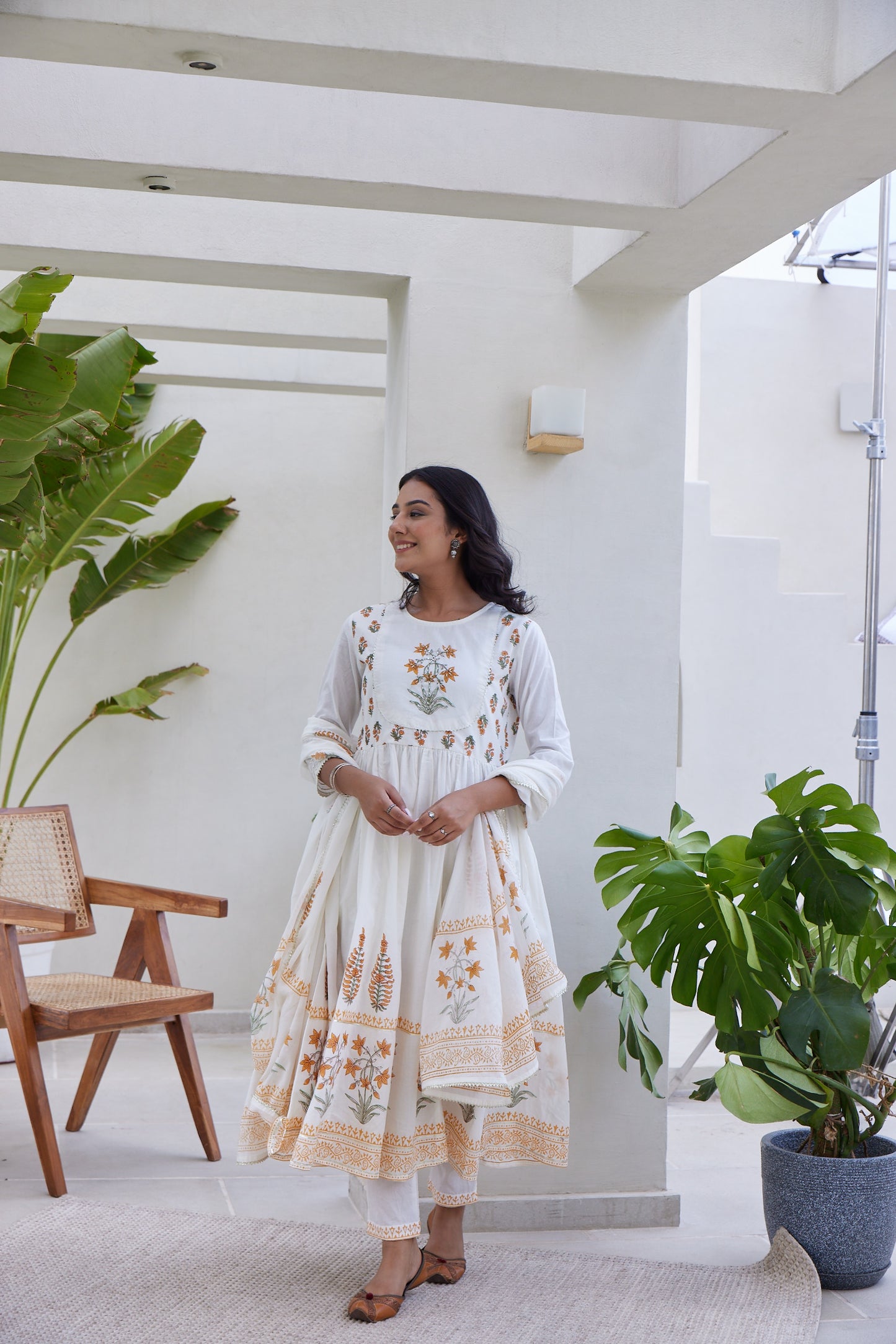 White & Orange Hand Block Printed Anarkali Set