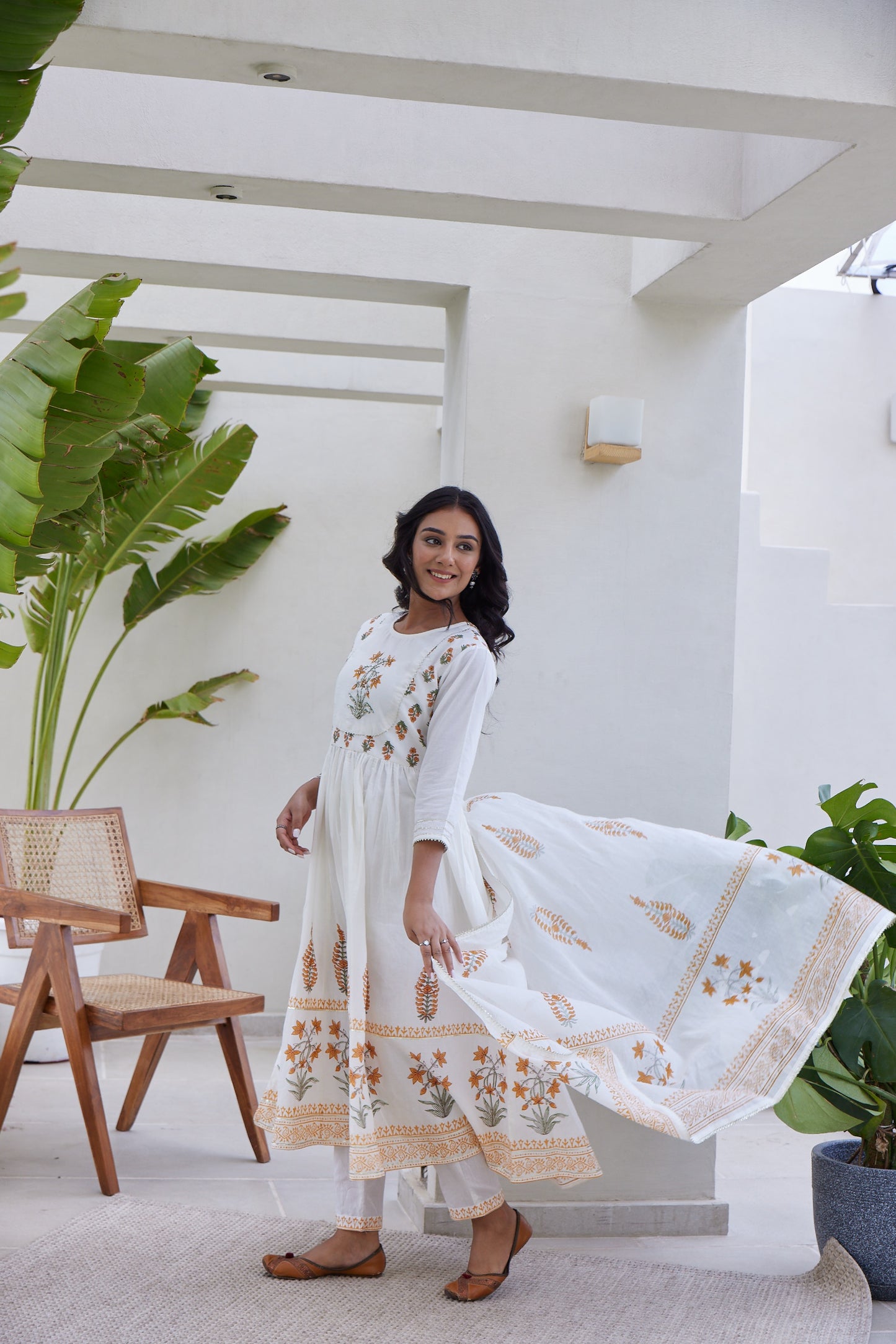 White & Orange Hand Block Printed Anarkali Set