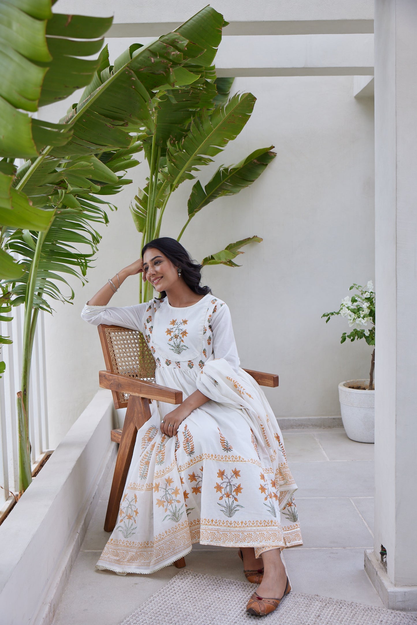 White & Orange Hand Block Printed Anarkali Set