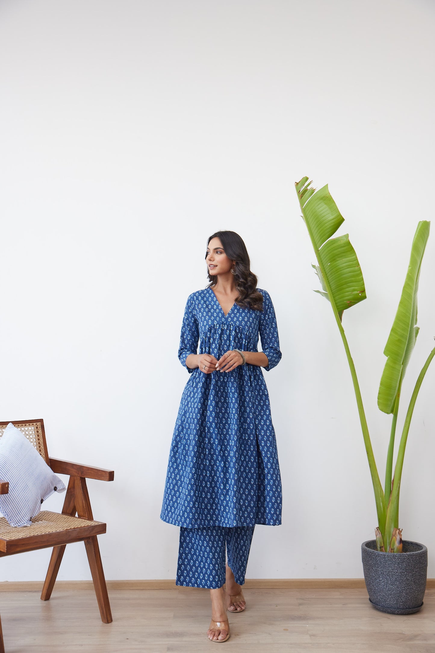 Sapphire Blue Ethnic Print Striped Anarkali with Palazzo