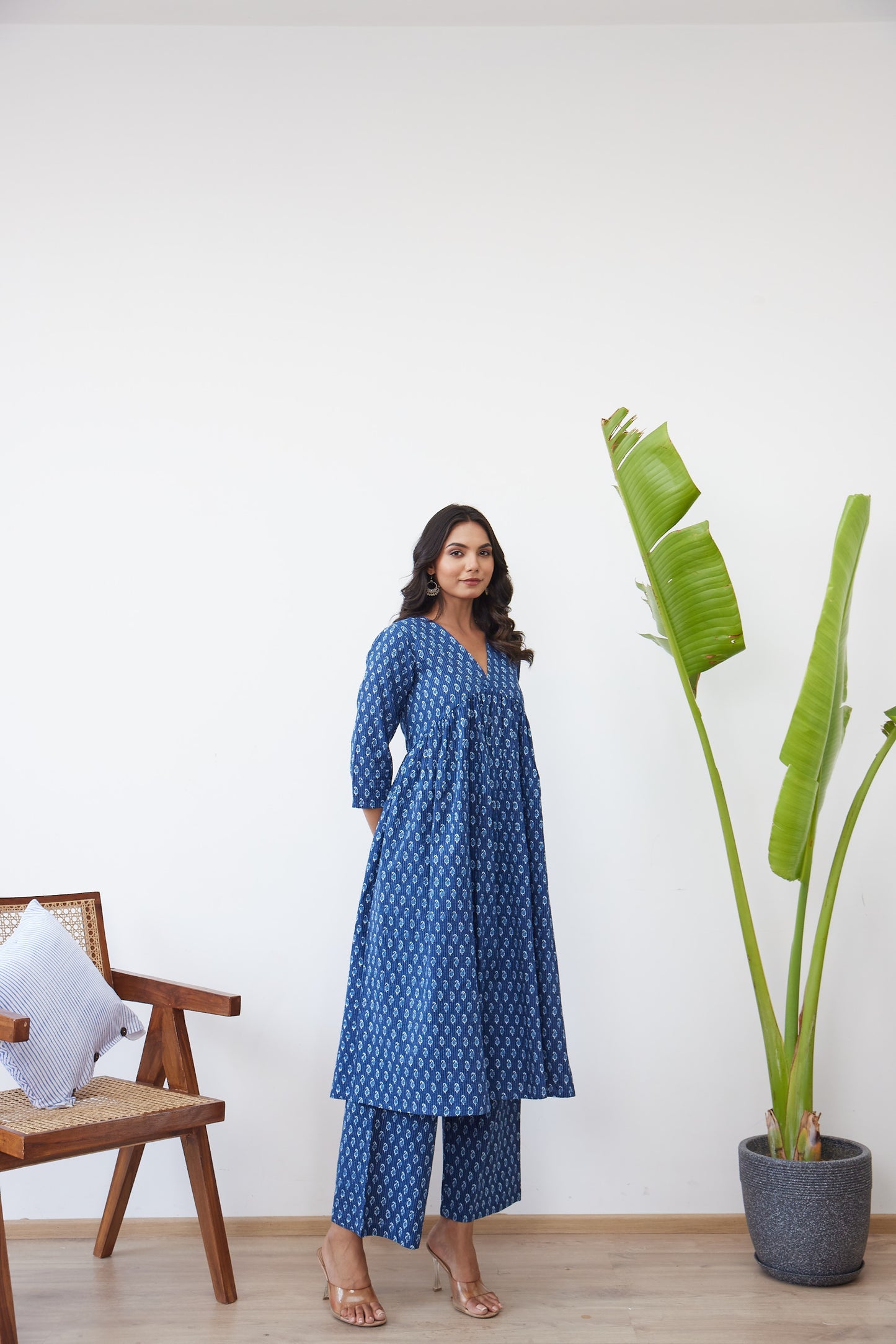 Sapphire Blue Ethnic Print Striped Anarkali with Palazzo