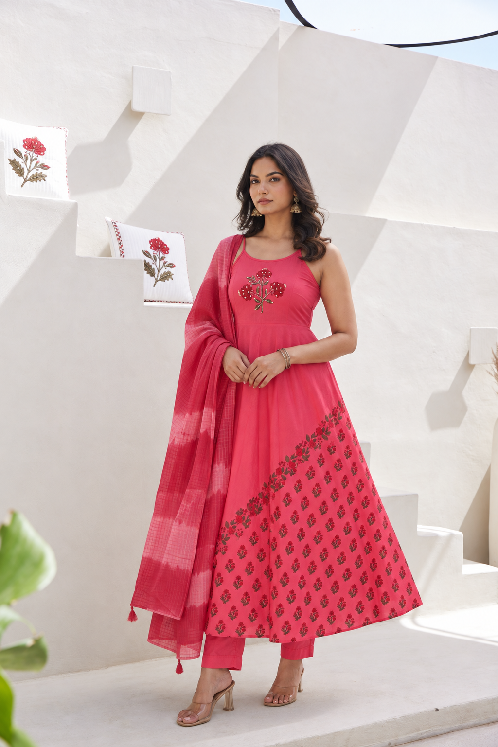 Rani Phool Sleeveless Anarkali Set with Pant & Dupatta