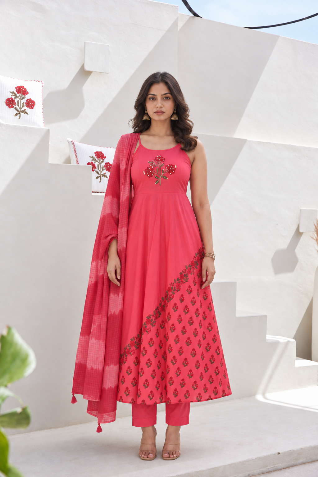 Rani Phool Sleeveless Anarkali Set with Pant & Dupatta