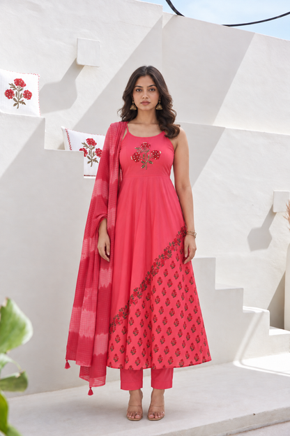 Rani Phool Sleeveless Anarkali Set with Pant & Dupatta