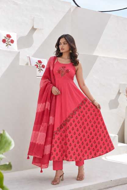 Rani Phool Sleeveless Anarkali Set with Pant & Dupatta