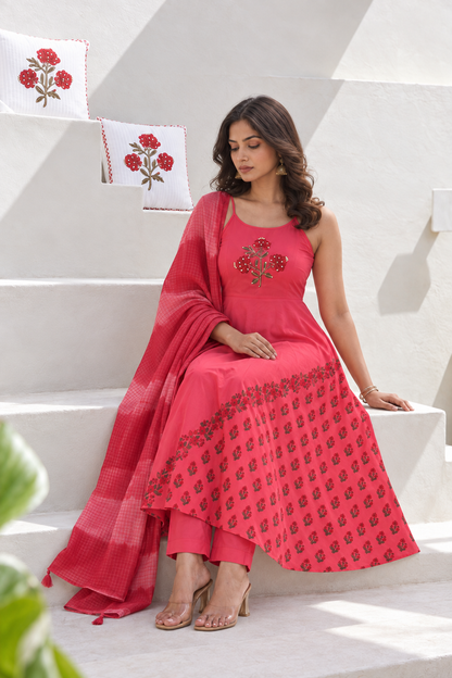 Rani Phool Sleeveless Anarkali Set with Pant & Dupatta