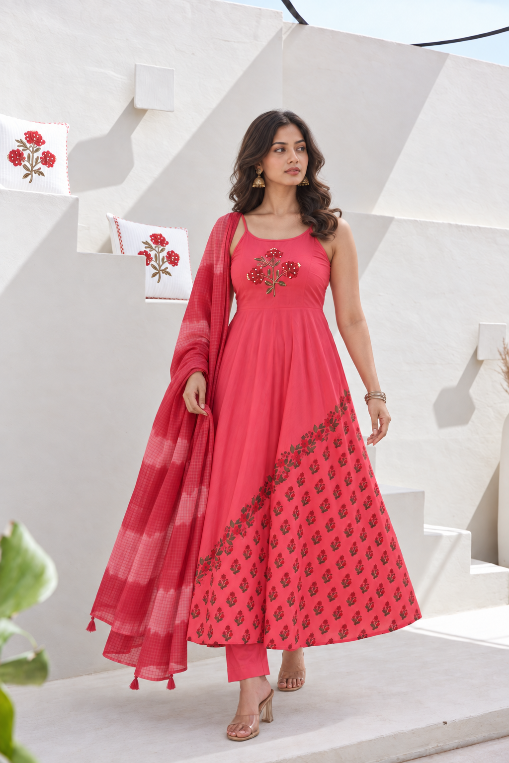 Rani Phool Sleeveless Anarkali Set with Pant & Dupatta