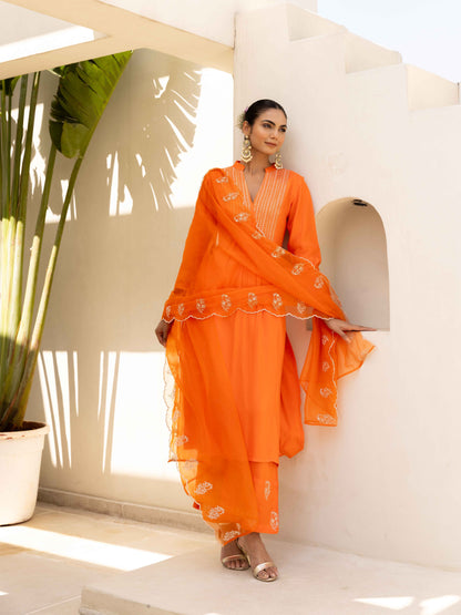 Orange Aangan Striped Embroiderd Kurta set with Pant & Dupatta