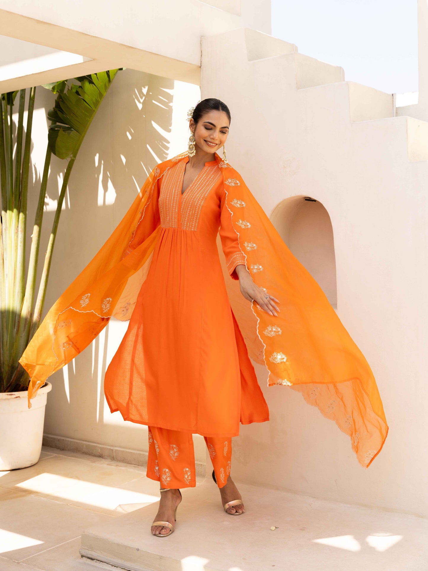 Orange Aangan Striped Embroiderd Kurta set with Pant & Dupatta
