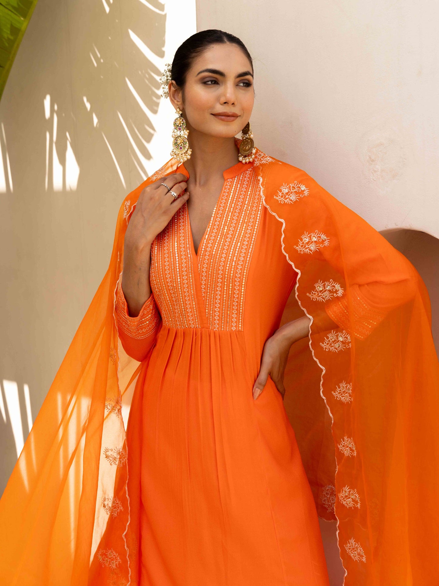 Orange Aangan Striped Embroiderd Kurta set with Pant & Dupatta