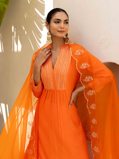 Orange Aangan Striped Embroiderd Kurta set with Pant & Dupatta