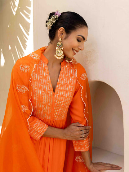 Orange Aangan Striped Embroiderd Kurta set with Pant & Dupatta
