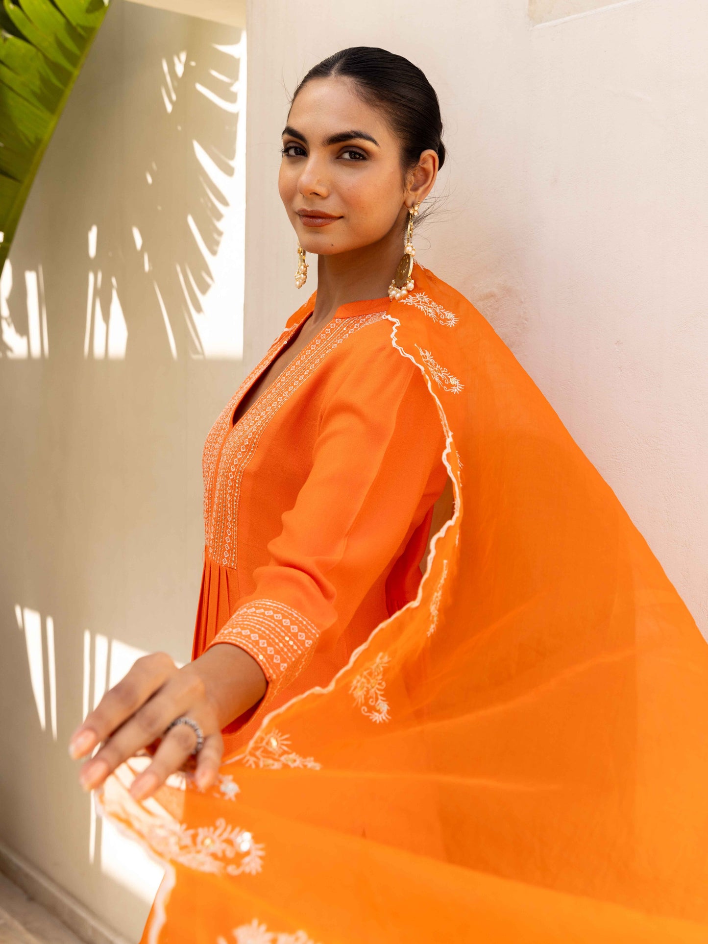 Orange Aangan Striped Embroiderd Kurta set with Pant & Dupatta