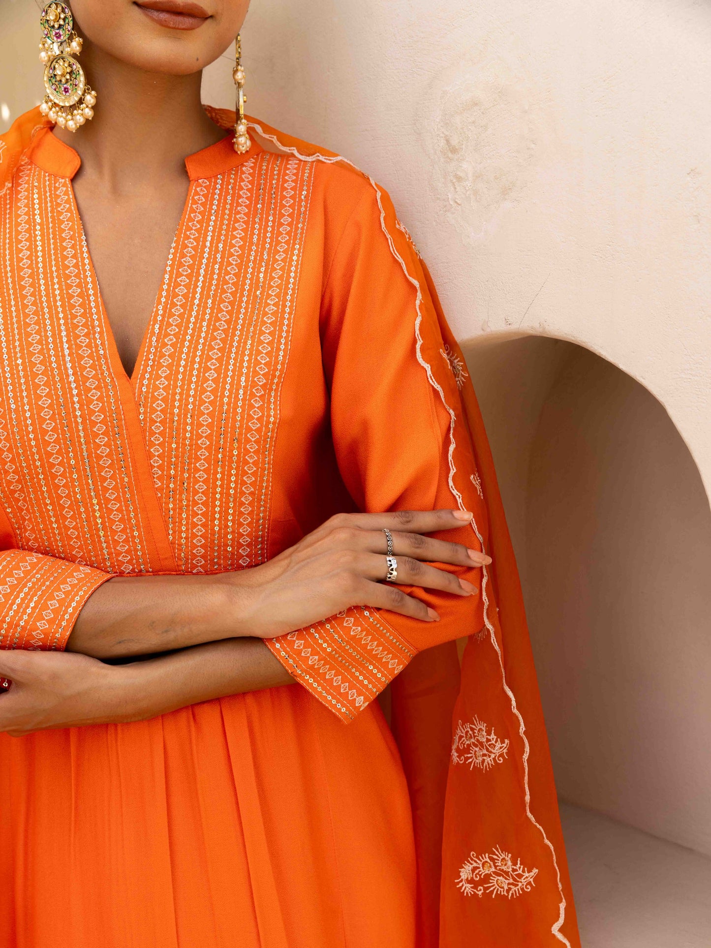 Orange Aangan Striped Embroiderd Kurta set with Pant & Dupatta
