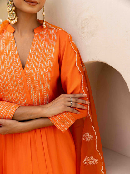 Orange Aangan Striped Embroiderd Kurta set with Pant & Dupatta